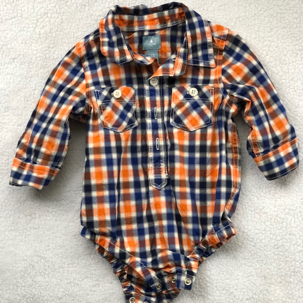 Orange/Blue Plaid Long Sleeve Button Down Onesie